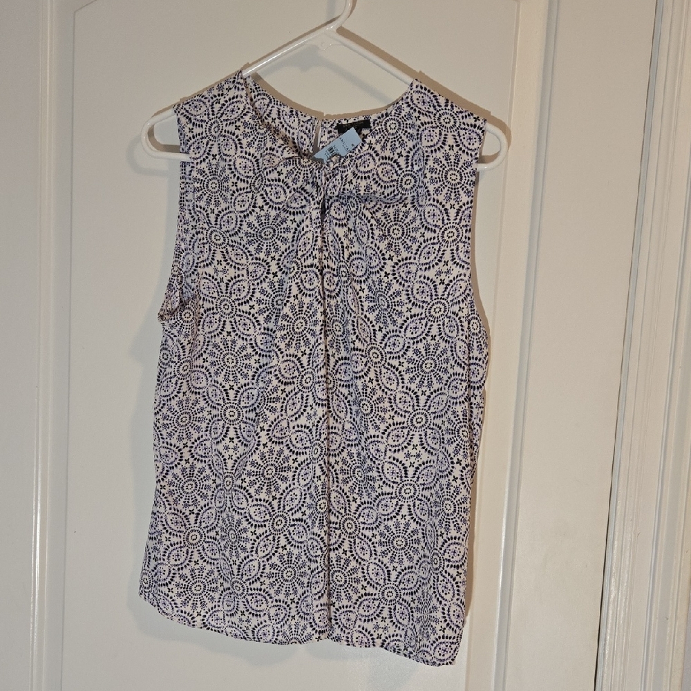Ann Taylor Purple Navy and White Geometric Blouse Size Large Petite NWT